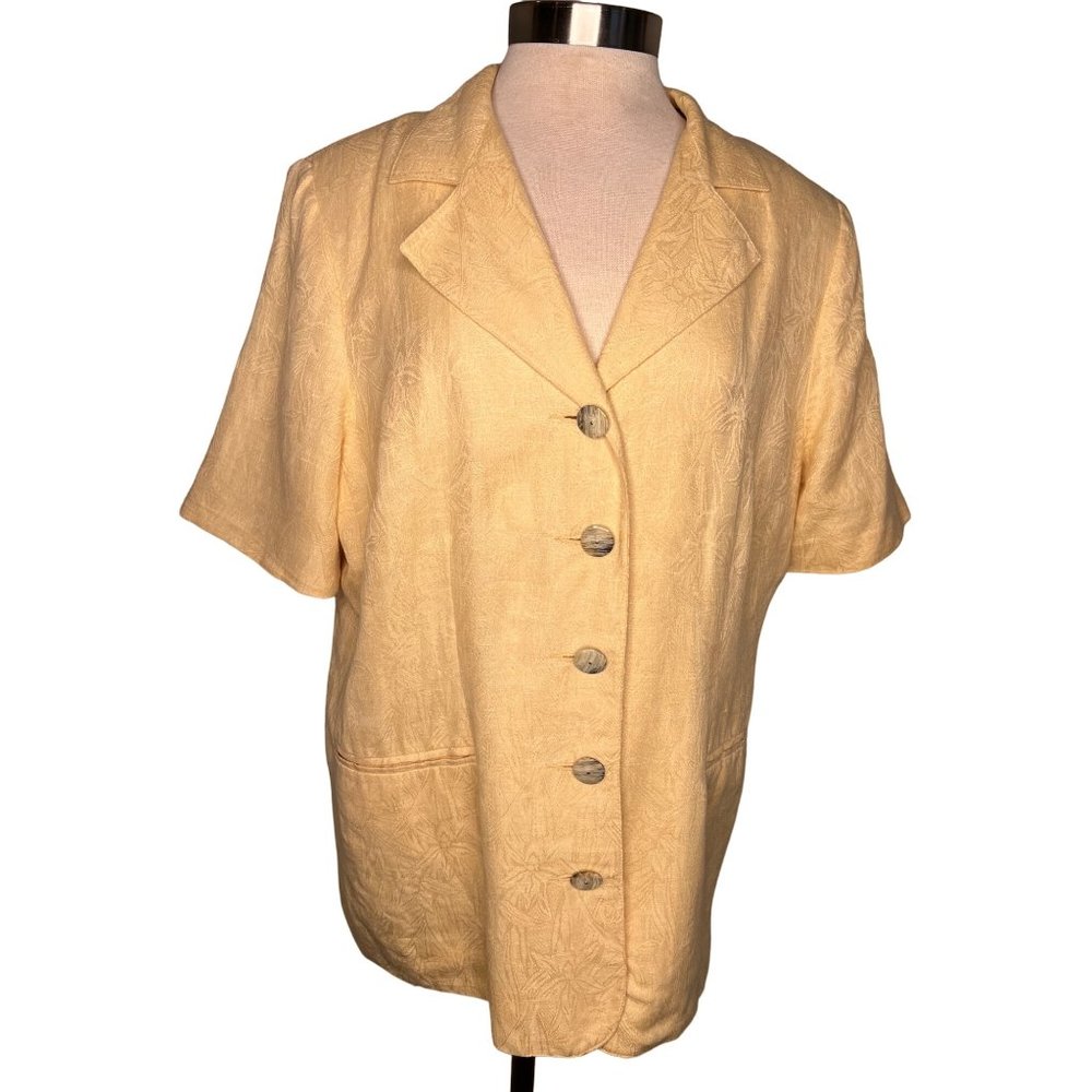 COLLABORATIONS Women's Blazer Size 14 Yellow Short Sleeve 5 Buttons Lined Floral